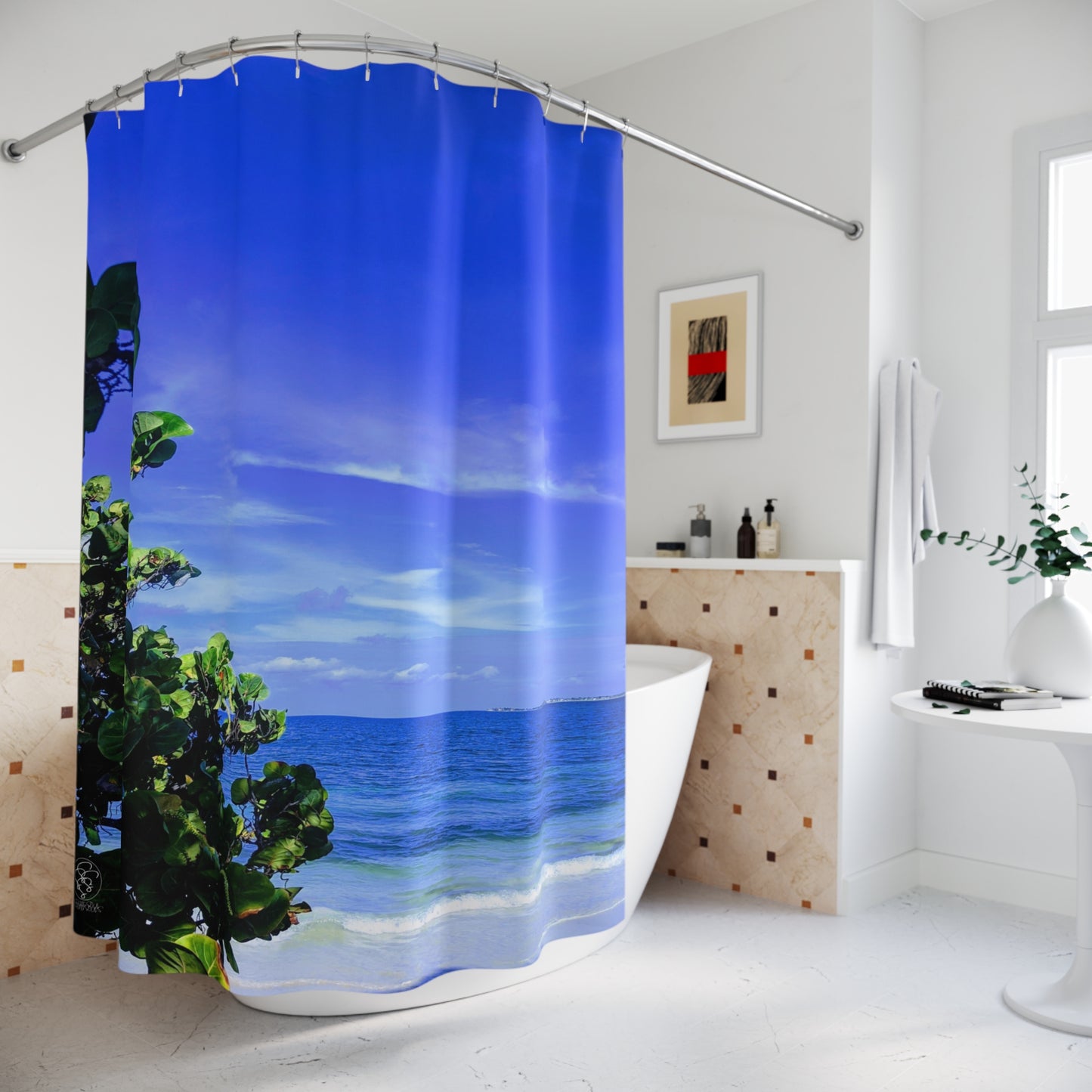 SSSS SeaGrape Leaves and Beach Shower Curtain